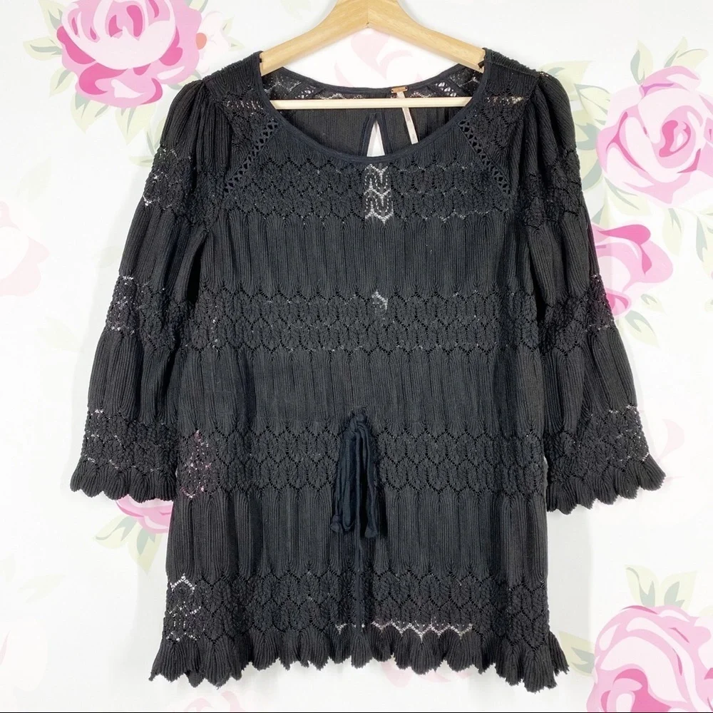 Free People Bohemian Boho Black Crochet Knit Blouse S